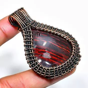 Ювелирный кулон ручной работы из медной проволоки с красным змеиной кожей и драгоценным камнем 2,17 дюйма 2.17 красный