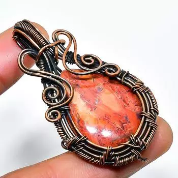 Ювелирный кулон ручной работы из медной проволоки с красным змеиной кожей и драгоценным камнем 2,17 дюйма 2.17 красный