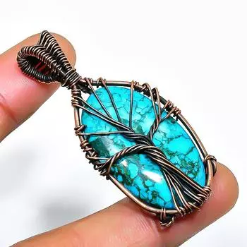 Ювелирный кулон ручной работы из медной проволоки с тибетским бирюзовым драгоценным камнем 1,97 дюйма 1.97 синий