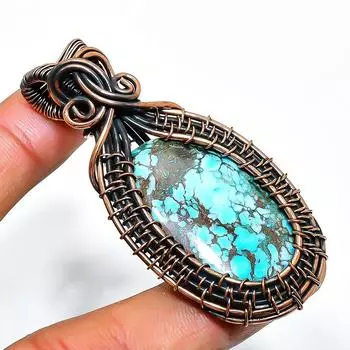 Ювелирный кулон ручной работы из медной проволоки с тибетским бирюзовым драгоценным камнем 2,56 дюйма 2.56 синий