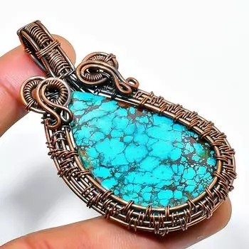 Ювелирный кулон ручной работы из медной проволоки с тибетским бирюзовым драгоценным камнем 2,56 дюйма 2.56 синий
