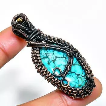 Ювелирный кулон ручной работы из медной проволоки с тибетским бирюзовым драгоценным камнем 2,17 дюйма 2.17 синий