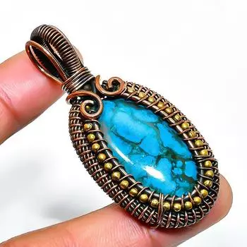 Ювелирный кулон ручной работы из медной проволоки с тибетским бирюзовым драгоценным камнем 2,17 дюйма 2.17 синий