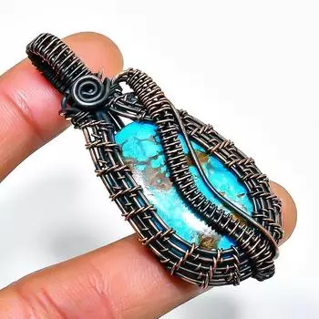 Ювелирный кулон ручной работы из медной проволоки с тибетским бирюзовым драгоценным камнем 2,17 дюйма 2.17 синий