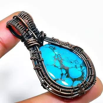 Ювелирный кулон ручной работы из медной проволоки с тибетским бирюзовым драгоценным камнем 2,17 дюйма 2.17 синий