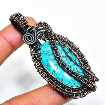 Ювелирный кулон ручной работы из медной проволоки с тибетским бирюзовым драгоценным камнем 2,56 дюйма 2.56 синий