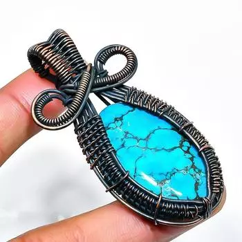 Ювелирный кулон ручной работы из медной проволоки с тибетским бирюзовым драгоценным камнем 2,56 дюйма 2.56 синий