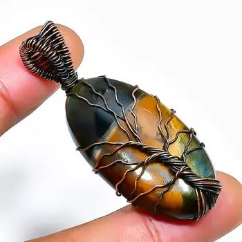 Ювелирный кулон ручной работы из медной проволоки с драгоценным камнем «Тигровый глаз» 2,17 дюйма 2.17 жёлтый