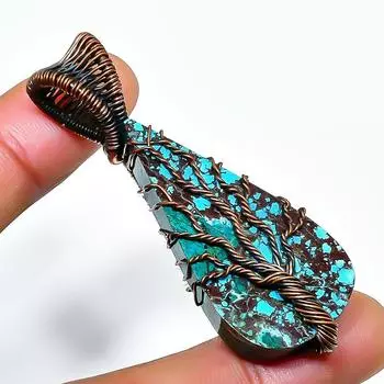 Ювелирный кулон ручной работы из медной проволоки с тибетским бирюзовым драгоценным камнем 2,17 дюйма 2.17 синий