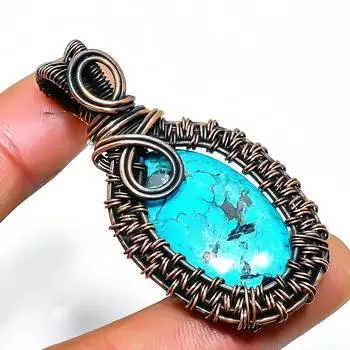 Ювелирный кулон ручной работы из медной проволоки с тибетским бирюзовым драгоценным камнем 2,17 дюйма 2.17 синий