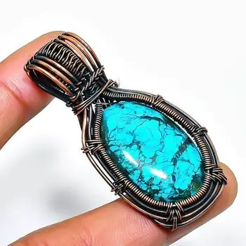 Ювелирный кулон ручной работы из медной проволоки с тибетским бирюзовым драгоценным камнем 2,17 дюйма 2.17 синий