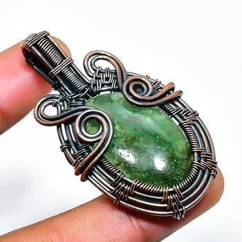 Ювелирный кулон ручной работы из медной проволоки с драгоценным камнем хризопраз 2,17 дюйма 2.17 зелёный