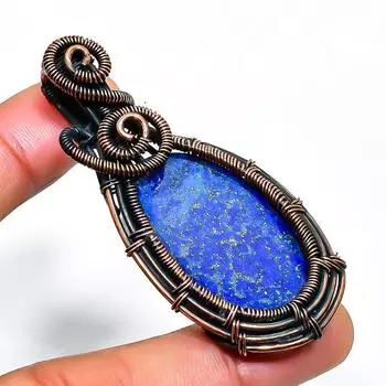 Ювелирный кулон ручной работы из медной проволоки с лазуритом и драгоценным камнем 2,36 дюйма 2.36 синий