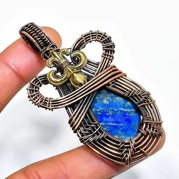 Ювелирный кулон ручной работы из медной проволоки с лазуритом и драгоценным камнем 2,56 дюйма 2.56 синий