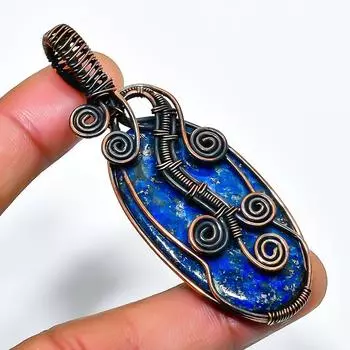 Ювелирный кулон ручной работы из медной проволоки с лазуритом и драгоценным камнем 2,56 дюйма 2.56 синий