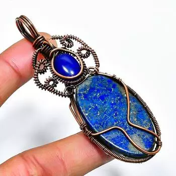Ювелирный кулон ручной работы из медной проволоки с лазуритом и драгоценным камнем 2,96 дюйма 2.96 синий