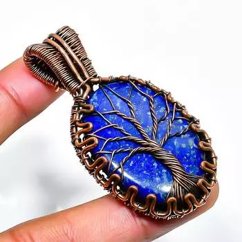 Ювелирный кулон ручной работы из медной проволоки с лазуритом и драгоценным камнем 2,36 дюйма 2.36 синий