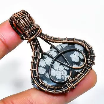 Ювелирный кулон ручной работы из медной проволоки со снежинкой и обсидианом, 1,97 дюйма 1.97 чёрный