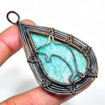 Ювелирный кулон ручной работы из медной проволоки с амазонитом длиной 2,56 дюйма 2.56 синий