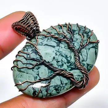 Ювелирный кулон ручной работы из медной проволоки с драгоценными камнями яшма Камбаба, 1,58 дюйма 1.58 зелёный