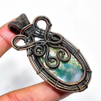 Ювелирный кулон ручной работы из медной проволоки с индийским агатом и мохом, 2,56 дюйма 2.56 зелёный
