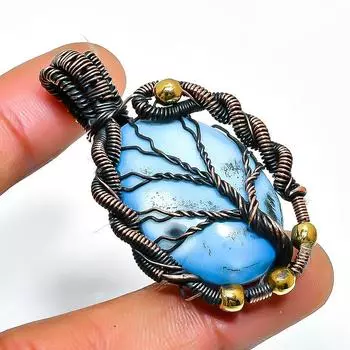 Ювелирный кулон ручной работы из медной проволоки Owhyee с опалом и драгоценным камнем 1,77 дюйма 1.77 синий