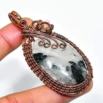 Ювелирный кулон ручной работы из медной проволоки с черным рутилом и драгоценным камнем длиной 2,56 дюйма 2.56 чёрный