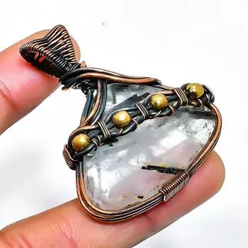 Ювелирный кулон ручной работы из медной проволоки с черным рутиловым драгоценным камнем 1,77 дюйма 1.77 чёрный