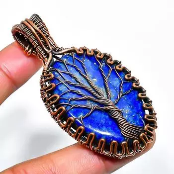 Ювелирный кулон ручной работы из медной проволоки с лазуритом и драгоценным камнем 2,36 дюйма 2.36 синий