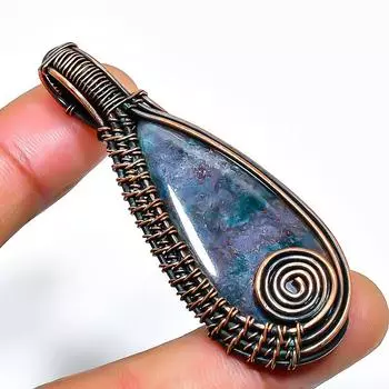 Ювелирный кулон ручной работы из медной проволоки с индийским моховым агатом и драгоценным камнем 2,17 дюйма 2.17 зелёный