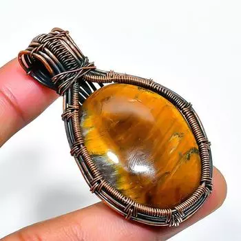 Ювелирный кулон ручной работы из медной проволоки с драгоценным камнем «Тигровый глаз» 2,17 дюйма 2.17 жёлтый