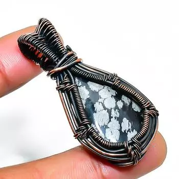 Ювелирный кулон ручной работы из медной проволоки со снежинкой и обсидианом, 1,97 дюйма 1.97 чёрный