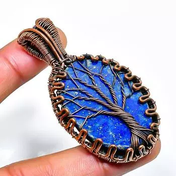 Ювелирный кулон ручной работы из медной проволоки с лазуритом и драгоценным камнем 2,36 дюйма 2.36 синий