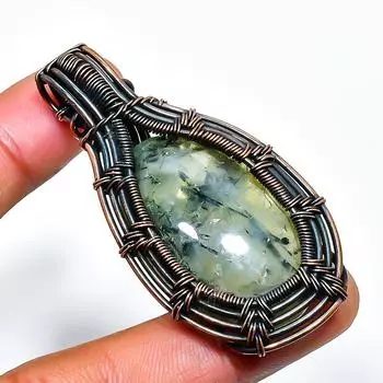 Ювелирный кулон ручной работы из медной проволоки, мох-пренит, драгоценный камень, 2,17 дюйма 2.17 зелёный