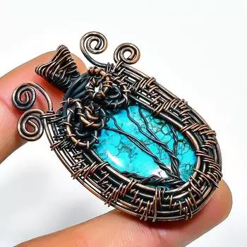 Ювелирный кулон ручной работы из медной проволоки с тибетским бирюзовым драгоценным камнем 1,97 дюйма 1.97 синий
