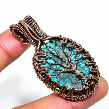 Ювелирный кулон ручной работы из медной проволоки с тибетским бирюзовым драгоценным камнем 1,97 дюйма 1.97 синий