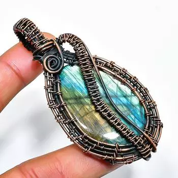 Ювелирный кулон ручной работы из медной проволоки с лабрадоритом 2,76 дюйма 2.76 чёрный