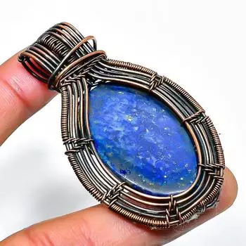 Ювелирный кулон ручной работы из медной проволоки с лазуритом и драгоценным камнем 2,36 дюйма 2.36 синий