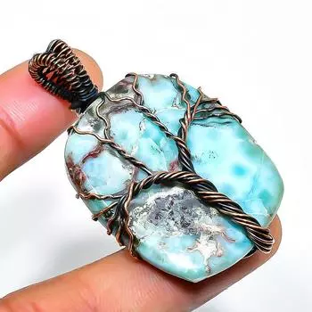 Ювелирный кулон ручной работы из медной проволоки с драгоценным камнем Республика Ларимар 1,77 дюйма 1.77 синий