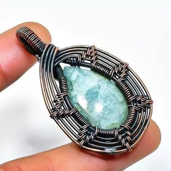 Ювелирный кулон ручной работы из медной проволоки с аквамарином и драгоценным камнем длиной 1,97 дюйма 1.97 синий