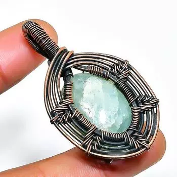 Ювелирный кулон ручной работы из медной проволоки с аквамарином и драгоценным камнем длиной 1,97 дюйма 1.97 синий