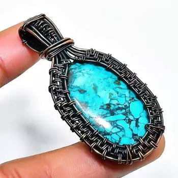 Ювелирный кулон ручной работы из медной проволоки с тибетским бирюзовым драгоценным камнем 2,17 дюйма 2.17 синий