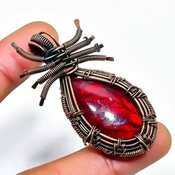 Ювелирный кулон ручной работы из медной проволоки с красным лабрадоритом и драгоценным камнем 2,17 дюйма 2.17 красный