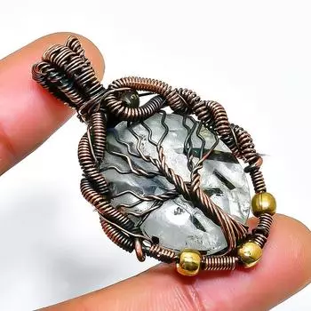 Ювелирный кулон ручной работы из медной проволоки с черным рутиловым драгоценным камнем 1,77 дюйма 1.77 чёрный