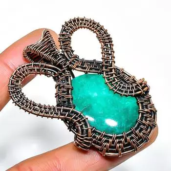 Ювелирный кулон ручной работы из медной проволоки с изумрудом и драгоценным камнем длиной 2,17 дюйма 2.17 зелёный