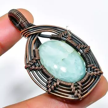 Ювелирный кулон ручной работы из медной проволоки с аквамарином и драгоценным камнем 2,17 дюйма 2.17 синий