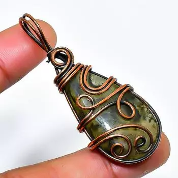 Ювелирный кулон ручной работы из медной проволоки, мох-пренит, драгоценный камень, 2,17 дюйма 2.17 зелёный