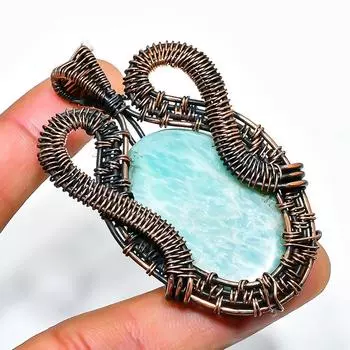 Ювелирный кулон ручной работы из медной проволоки с амазонитом длиной 2,56 дюйма 2.56 синий