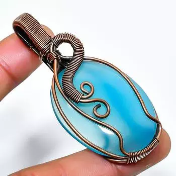 Ювелирный кулон ручной работы из медной проволоки с синим халцедоном и драгоценным камнем длиной 2,56 дюйма 2.56 синий