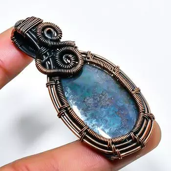 Ювелирный кулон ручной работы из медной проволоки с индийским моховым агатом и драгоценным камнем 2,17 дюйма 2.17 зелёный